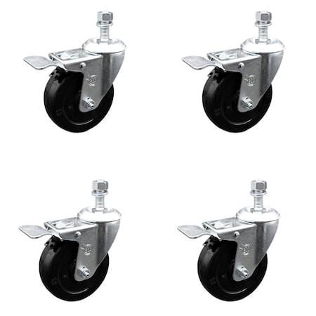 Service Caster 4 Inch SS Soft Rubber Swivel 10mm Threaded Stem Caster Set Total Lock Brake SCC-SSTSTTL20S414-SRS-M1015-4